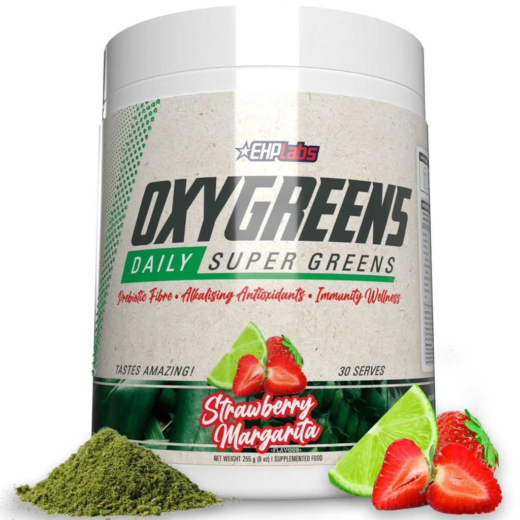 EHP Labs Oxygreen Super Green Powder - Spirulina & Chlorella Superfood, Green Juice Powder & Green Kosttilskud med Prebiotic Fibre, Antioxidanter & Immunity Support, 30 Serves (Strawb. Formand