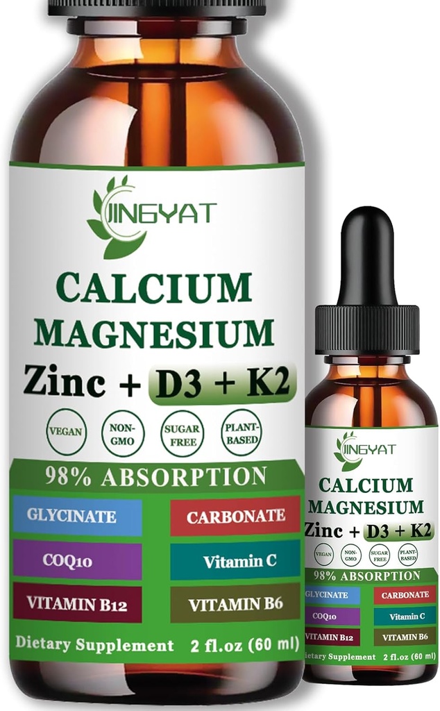 Calcium Magnesium Zinkvæske dråber, Flydende Magnesium Glycinat 500mg Calcium 1000mg med vitamin D3, K2, B6, B12, Coq10 for ben styrke, muskelfunktion, 6X stærkere end gummies kapsler