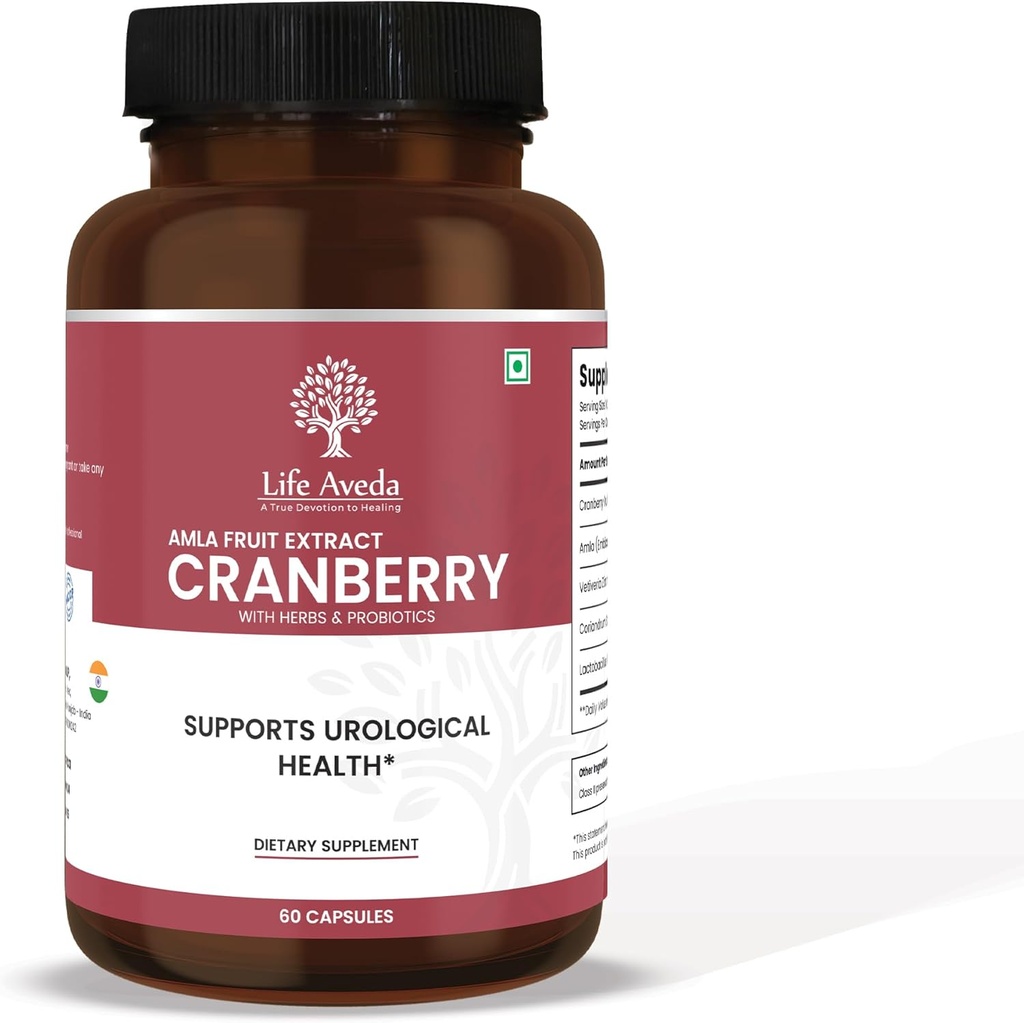 Life Aveda Cranberry & Amla Fruit Extract Supplement med 3 Millioner CFU Probiotics Note 124; Understøtter Bstige, Nyre & Urinary Tract Health