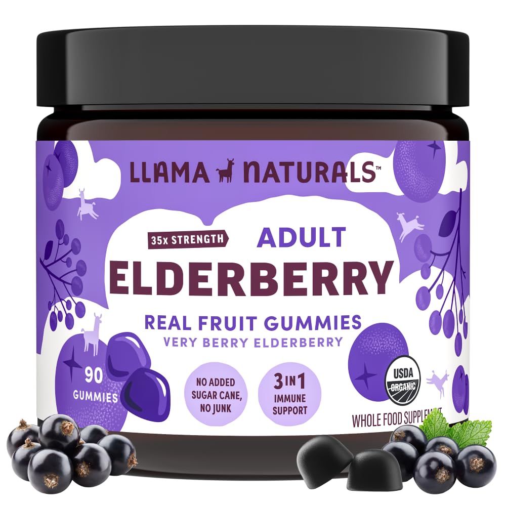 Llama Naturals Elderberry Gummies for voksne, Vegan, Organic Immunoid Support Supplement med C-vitamin og zink, Real Fruit Gummy Vitaminer for Immunitet, Chewable, Ingen tilsat sukkerrør, 90 Ct