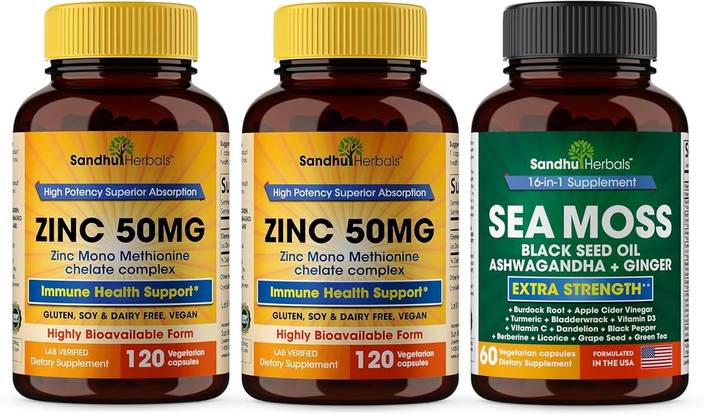 Sandhu Herbals Zink 50mg & Sea Moss Black Seed Oil Ashwagandha Ginger Burdock Root Supplement til mænd & kvinder