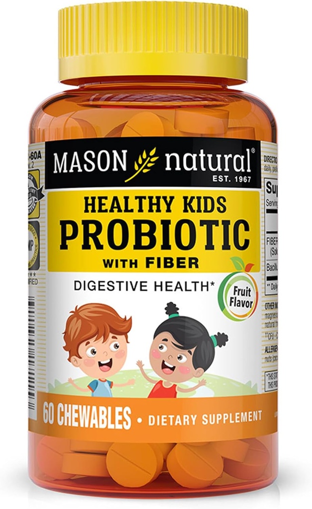 MASON NATURAL Sunde Kids Probiotisk med Fiber - Sund fordøjelsesfunktion, Forbedret Gut Sundhed, 60 Chewables