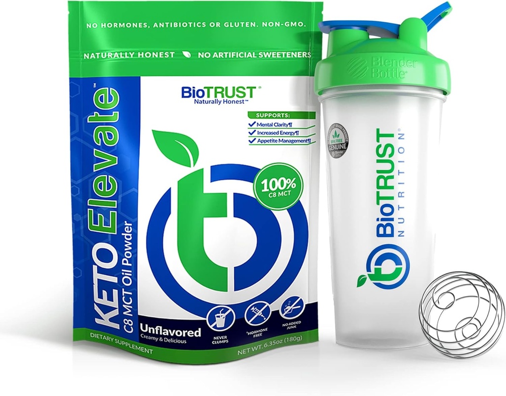 BioTrust Keto Elevate Pure C8 MCT Oil Powder (Unflavored) BlenderBottle Bundle