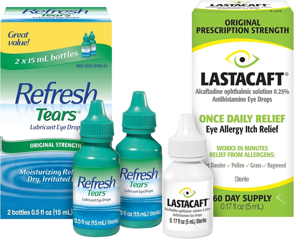 Bundle of genopfriske tåre smøremiddel øjendråber, 2 Greve (Pack of 1) + Lastacaft Én gang Daglig Eye Allergy Itch Relief Drops, 60 Day Supply, 0.17 Fl Oz (Pack of 1)