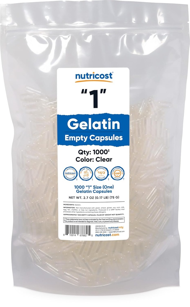 Nutricost tomme kapsler Gelatine størrelse 1-1000 Clear tomme '1' Gel kapsler - Kosher, Non- GMO, Soy Free, Gluten Free