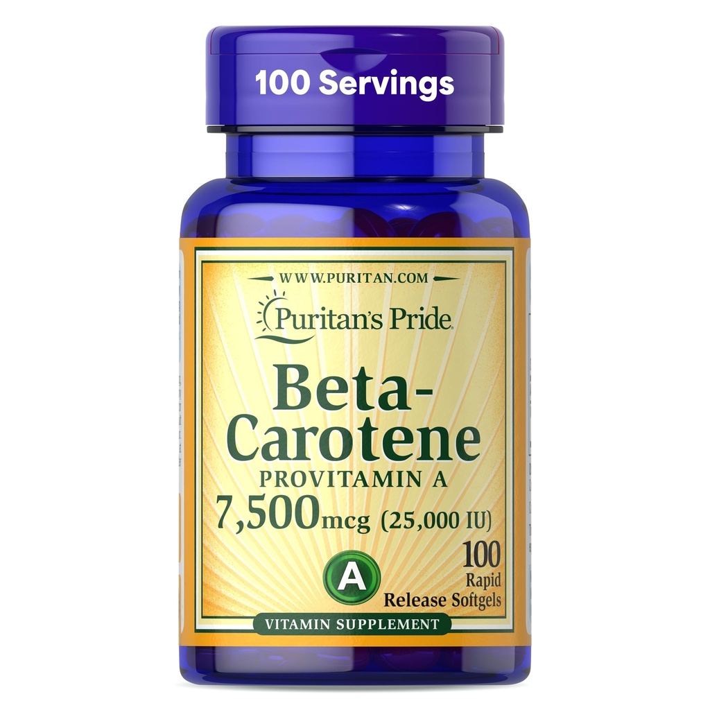 Puritans Pride Beta Caroten Provitamin A 7.500mcg (25.000 IE), Vitamin supplement til immunsystemet, Antioxidant og Eye Health Support, 100 Day Supply, 100 Rapid Release Softgels