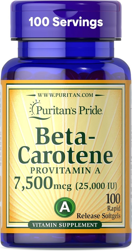 Puritans Pride Beta Caroten Provitamin A 7.500mcg (25.000 IE), Vitamin supplement til immunsystemet, Antioxidant og Eye Health Support, 100 Day Supply, 100 Rapid Release Softgels