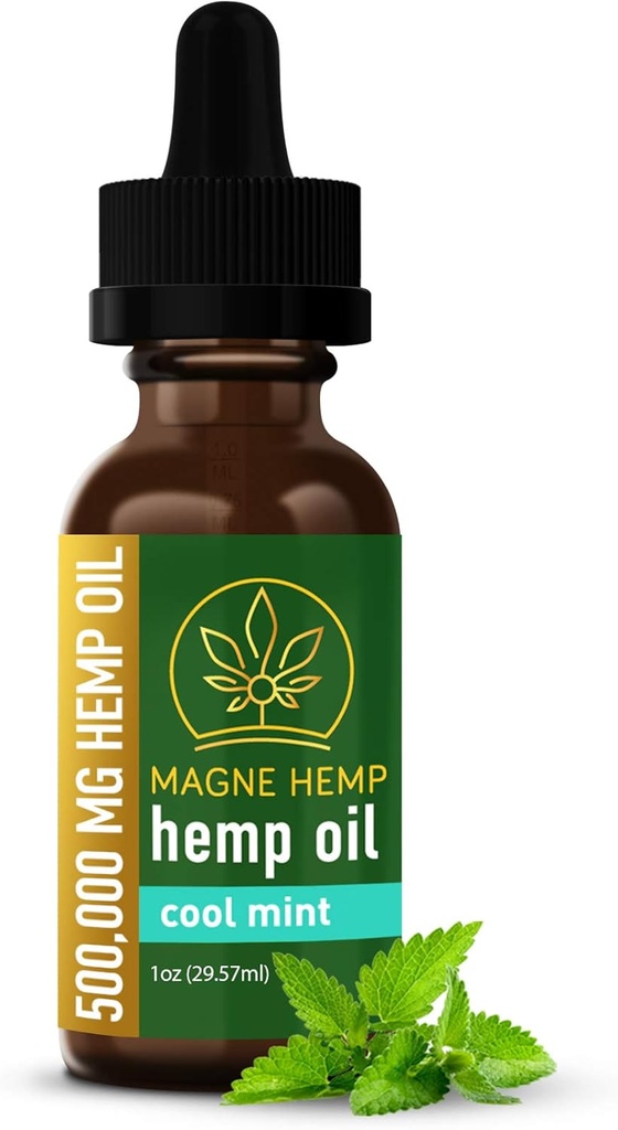 MagneHemp Organic Hamp Oil - Kraftfuld 500.000 mg THC- Free Hemp Oil Cool Mint Essential Olies Articular - High Potency Hampolie Extract til fælles støtte og Mood Enhancement - Omega 3 6 9, E-vitamin