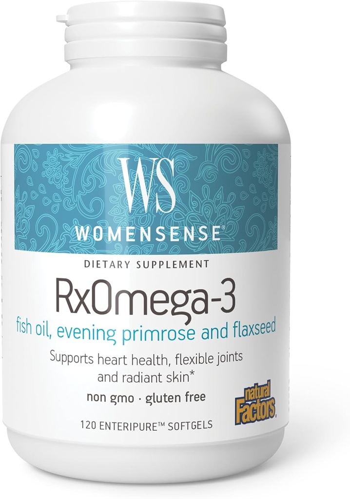 WomenSense by Natural Factors, RxOmega-3 Fish Oil, Understøtter et sundt hjerte og Joints med Primrose Oil, Omega-3 DHA og EPA, Gluten Free, 120 softgels (60 portioner)