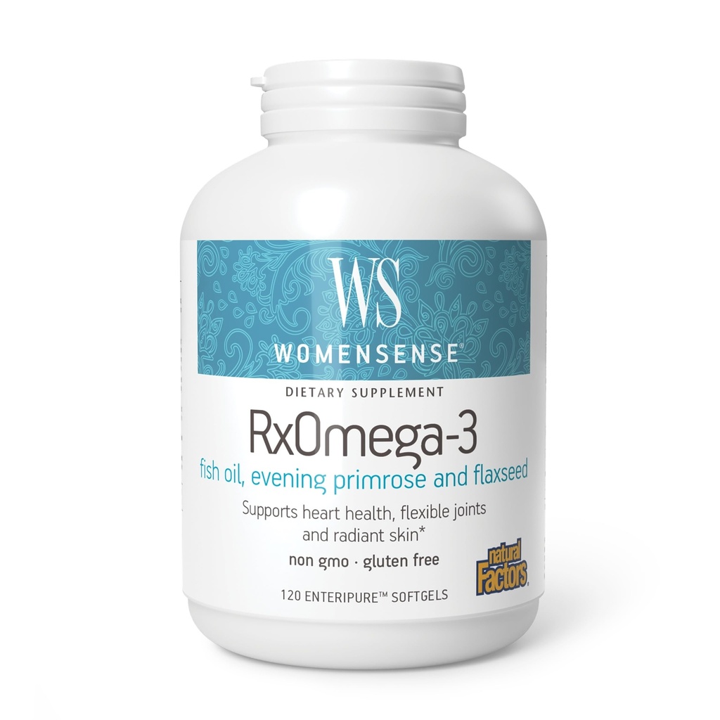 WomenSense by Natural Factors, RxOmega-3 Fish Oil, Understøtter et sundt hjerte og Joints med Primrose Oil, Omega-3 DHA og EPA, Gluten Free, 120 softgels (60 portioner)