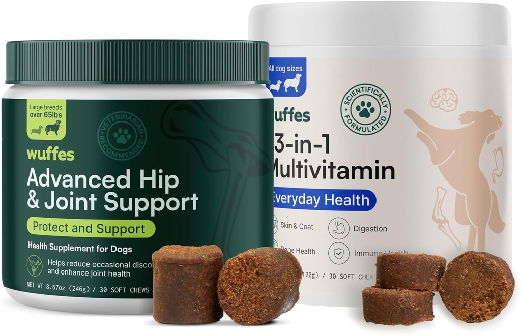 Wuffes Hip og fælles supplement til store racer og 23-in-1 Multivitamin Bundle