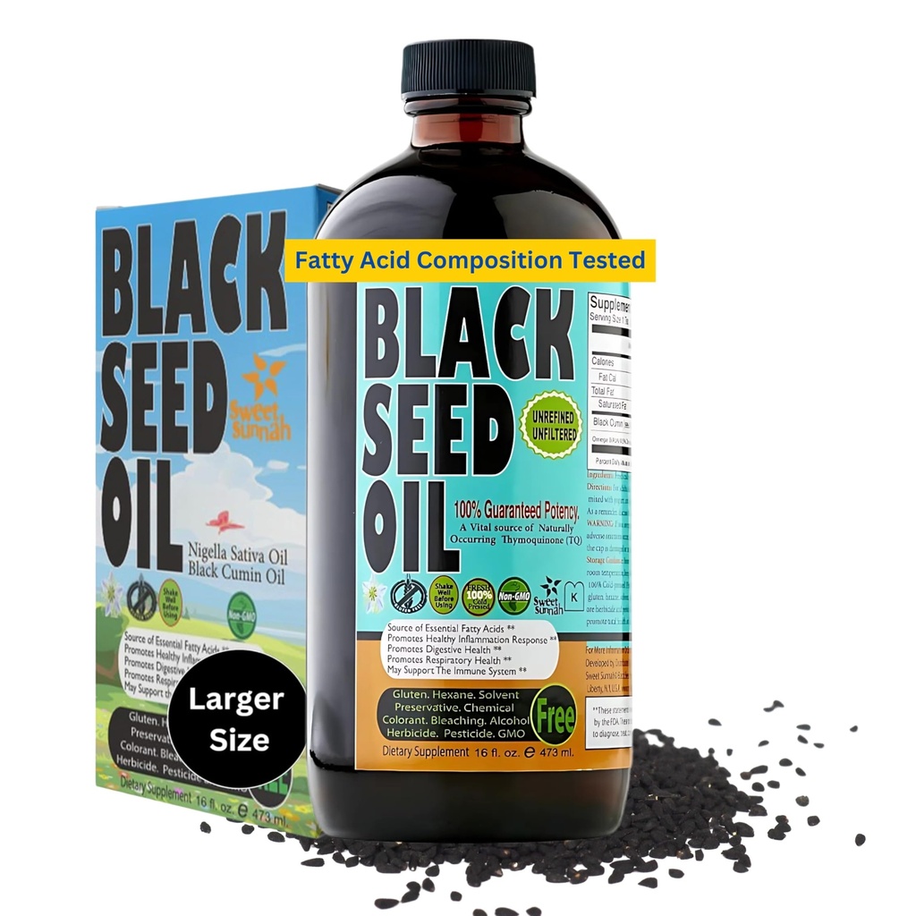 Premium Black Seed Oil Liquid 16 oz - Sugar Free 3 Monthly Supply Antioxidant Turkish Black Cumin Seed Oil - 3x Thymoquinone First Cold Press Vegan, Halal, Sweet Sunnah