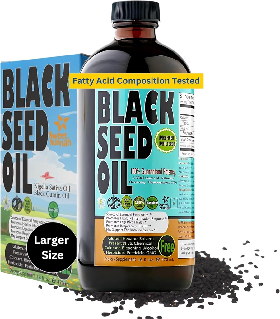 Premium Black Seed Oil Liquid 16 oz - Sugar Free 3 Monthly Supply Antioxidant Turkish Black Cumin Seed Oil - 3x Thymoquinone First Cold Press Vegan, Halal, Sweet Sunnah