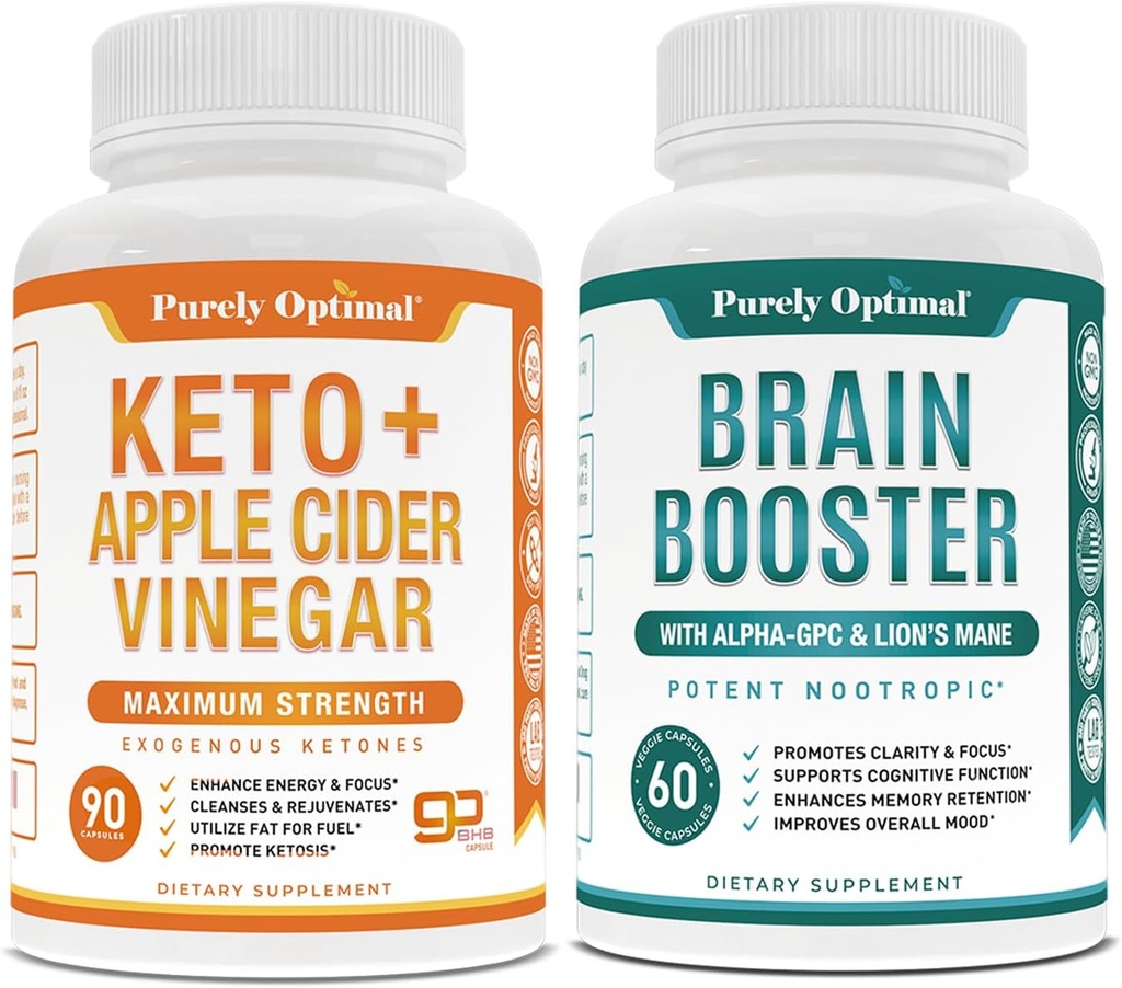 Rent Optimal Premium Keto piller + Apple Cider Vincils kapsler med mor + Premium Brain Supplement - Nootrop Brain Booster for fokus, Klarhed, Forbedret hukommelse, koncentration og bedre mood