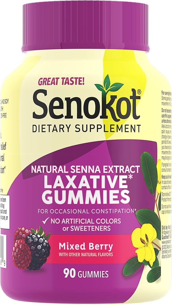 Senokot Kosttilskud Laxative Gummies, Natural Senna Extract, Gentle, Overnatning Relief fra Lejlighedsvis Forstoppelse, Blandede Berry Flavor, 90 Greve