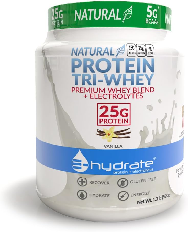 E- hydrat Tri- Whey Protein Powder Gluten Free BCAA + Electrolytes Hydrate Recover, Vanilla, 1.3lb Tub