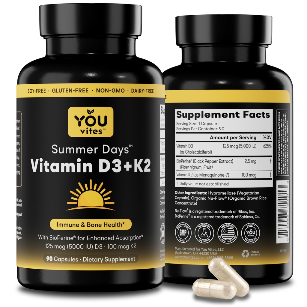 D3- vitamin + K2 - Max Absorption, 5000 IE D3 & 100 mcg K2 MK- 7 (Menaquinone- 7) med BioPerine - Bone, Heart & immun Support - Non- GMO, Gluten Free, Soy Free - 90 Capsules - Daily Supplement