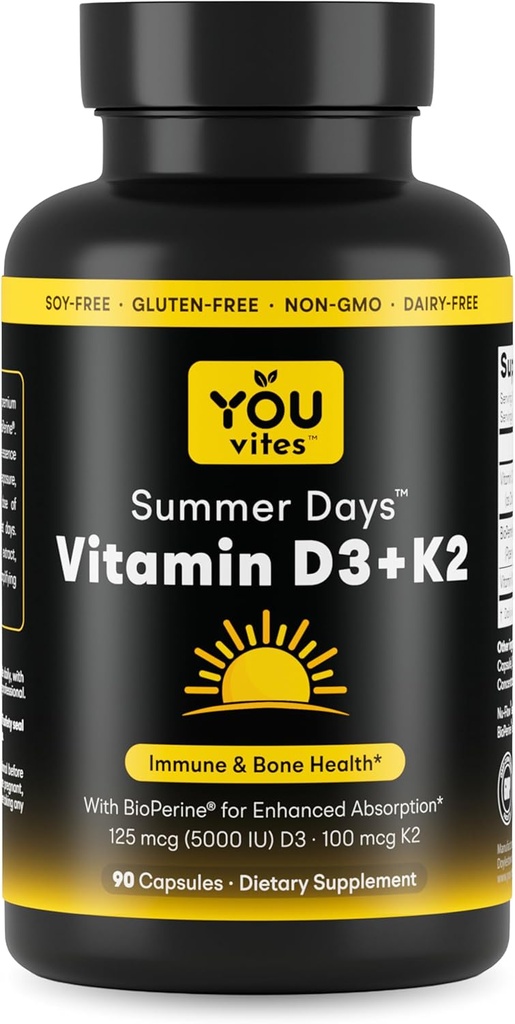 D3- vitamin + K2 - Max Absorption, 5000 IE D3 & 100 mcg K2 MK- 7 (Menaquinone- 7) med BioPerine - Bone, Heart & immun Support - Non- GMO, Gluten Free, Soy Free - 90 Capsules - Daily Supplement