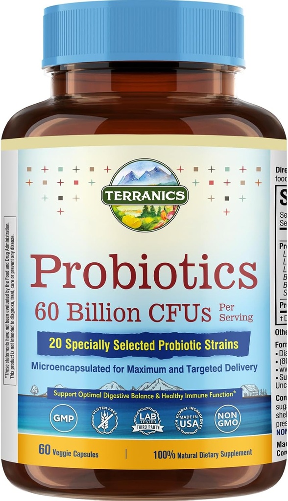 Terranics Probiotika 60 Millioner CFU, 20 Sprains, 60 Veg Kapsler, Prebiotika & Probiotika, Hylde Stabil Probiotika supplement til mænd og kvinder, fordøjelsessygdomme og immunforsvar, non-GMO, NO Soy, Dairy & Gluten