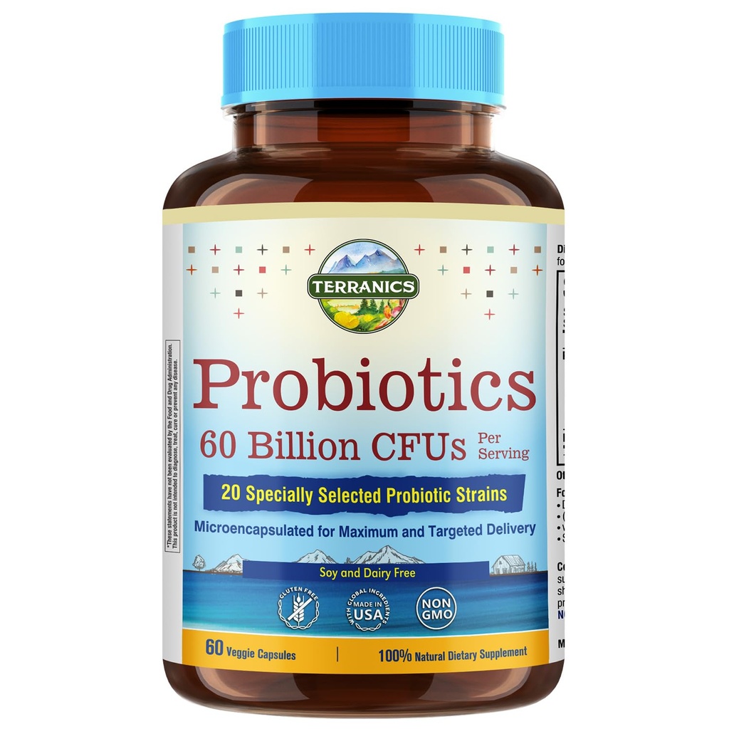 Terranics Probiotika 60 Millioner CFU, 20 Sprains, 60 Veg Kapsler, Prebiotika & Probiotika, Hylde Stabil Probiotika supplement til mænd og kvinder, fordøjelsessygdomme og immunforsvar, non-GMO, NO Soy, Dairy & Gluten