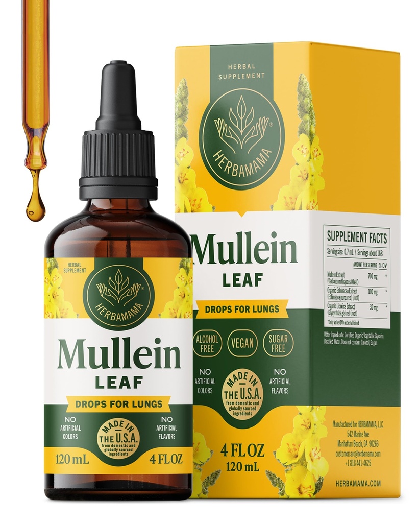 HERBAMAMA Mullein Drops til lunger - Vegan Lung Cleanse med Mullein Leaf Extract, Echinacea Tincture & Lakrids - Non- GMO, Alkohol & Sugar- Free Respiratory Support Supplement - 56- Day Supply