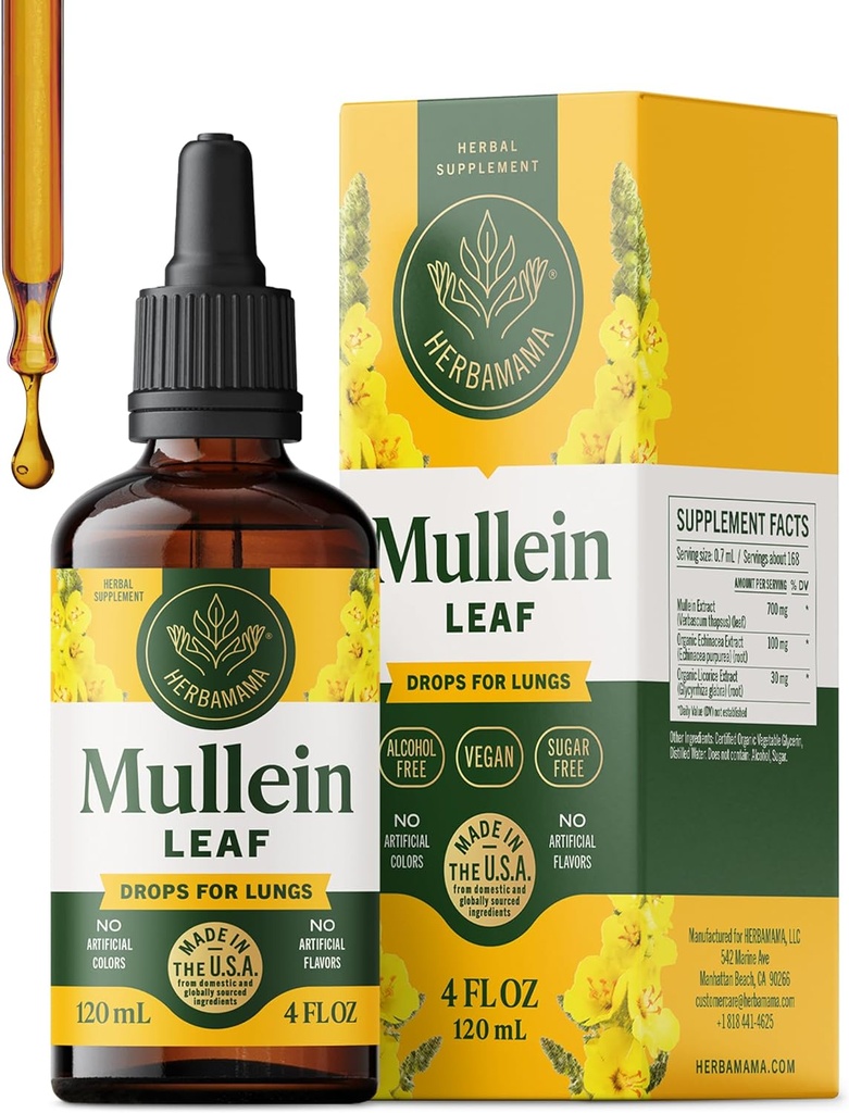 HERBAMAMA Mullein Drops til lunger - Vegan Lung Cleanse med Mullein Leaf Extract, Echinacea Tincture & Lakrids - Non- GMO, Alkohol & Sugar- Free Respiratory Support Supplement - 56- Day Supply