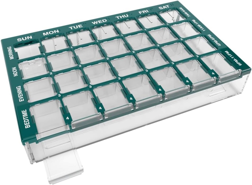 EZY DOSE Pill Organizer Weekly (7-dag), Medicine Planner, Vitamin Case / Box, Medium Compartments med Easy Fyld bakke, 4 gange om dagen, Let at bruge Containers, Clear Lids, Green, BPA Free