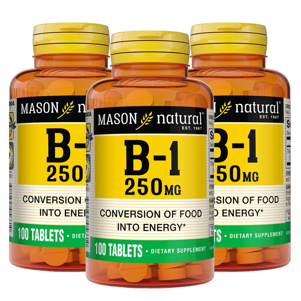 MASON NATURAL Vitamin B1 Thiamin 250 mg, 300, Day Supply, Kosttilskud til støtte naturlige energiniveauer, 100 tabletter (pakke med 3)