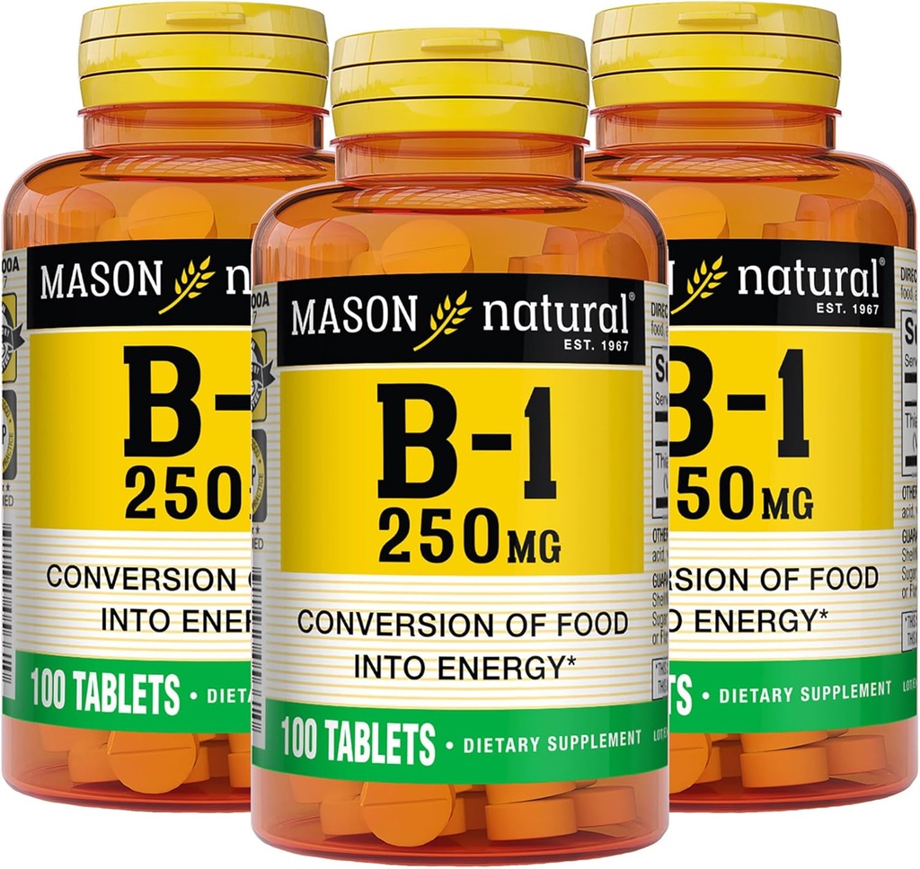 MASON NATURAL Vitamin B1 Thiamin 250 mg, 300, Day Supply, Kosttilskud til støtte naturlige energiniveauer, 100 tabletter (pakke med 3)