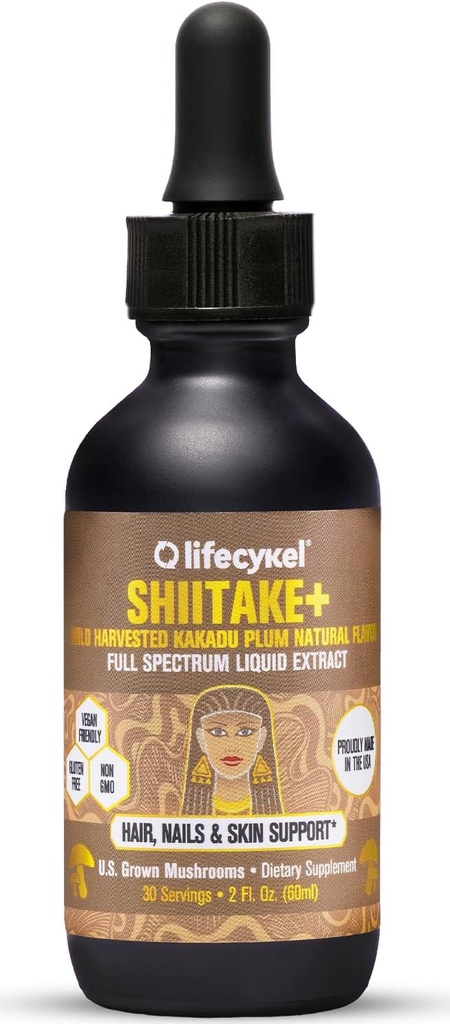 Lifecykel - Shiitake Mushroom Extract med Kakadu Plum- Hår, Hud & Nail Support, Anti Aging Supplement- 100% Økologisk Mushrooms, Immunboosting, C-vitamin Made in the US- 2 Fl oz (Packaging May Vary)