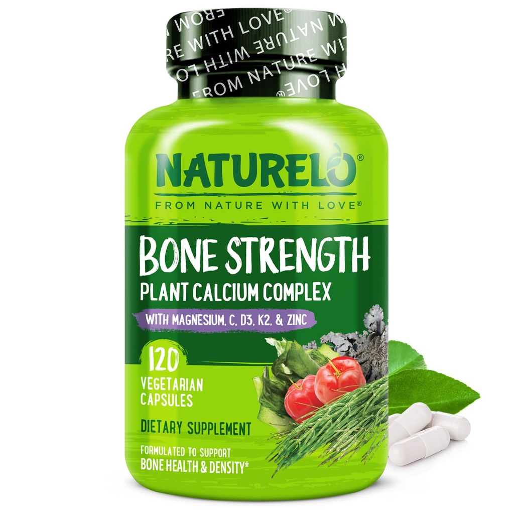 NATURELO Calciumtilskud - med vitamin C, vitamin D3, K2 og Calcium Magnesium Zink til bone Styrke med Calcium 600mg - Plant- baseret, 120 Vegetariske kapsler, Non- GMO, Soy & Gluten- Free