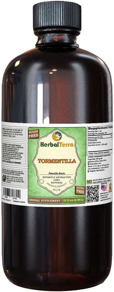 Tormentilla (Potentilla erecta) Glycerit, Tørrede Rødder Alkohol- Free Liquid Extract (Brand Name: HerbalTerra, Stolt Made in USA) 32 fl.oz (0,95 l)