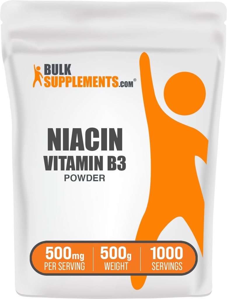 Bulkaddiments.com Niacin Powder - Vitamin B3 Supplement, Niacin 500mg - Niacin Flush, Niacin with Flushing - Gluten Free, 500mg Niacin per Serving, 500g (1, 1 lbs) (Pakning med 1)