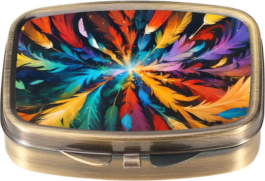 Dynippy Pill Case Pill Box med spejl Retro Pocket 2 Compartment Medicine Case Vitamin Pill Organizer for Pocket Purse and Travel (Retro- farvet Feather)