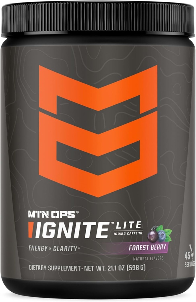 MTN OPS Ignate Lite Energy Drink Powder Gluten Free Nitric Oxide Supplement Drink Mix, L Arginin, L Citrullin, Koffein & Nootrop Sugar Free Drink Mix, 45 Servering, Forest Berry