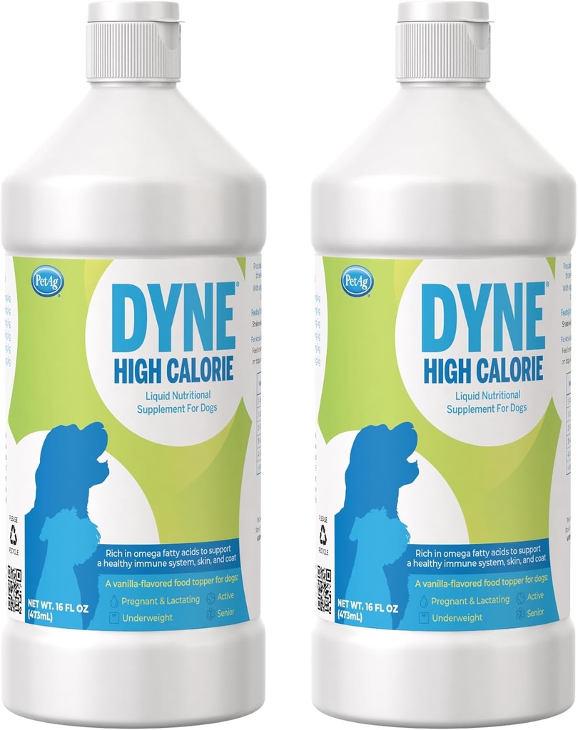 PetAg Dyne High Calorie Liquid Nutritional supplement til hunde og hvalpe 8 uger og ældre - 16 oz, pakke med 2 - understøtter ydeevne og udholdenhed - Sweet Vanilla Flavor