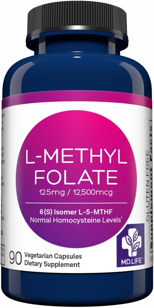 MD Life L Methylfolat 12, 5 mg - Professionel - Grade Active Methylfolat Supplement - Maximum Potence MTHFR Tillæg - L methylfolat 12, 5 mg 90 Kapsler - essentielle aminosyrer