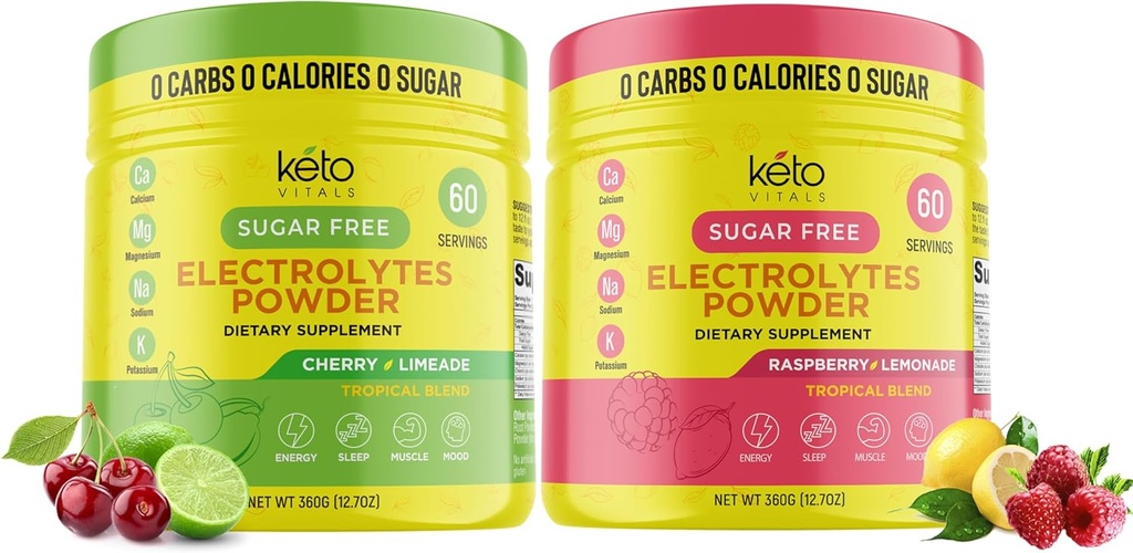 Keto Vitals Cherry Limeade Bundle med Raspberry Lemonade - 2 Pack Bundle Keto Electrolytes Powder - Elektrolyter med kalium, Magnesium, natrium, calcium - Cherry Limeade & Raspberry Lemonade