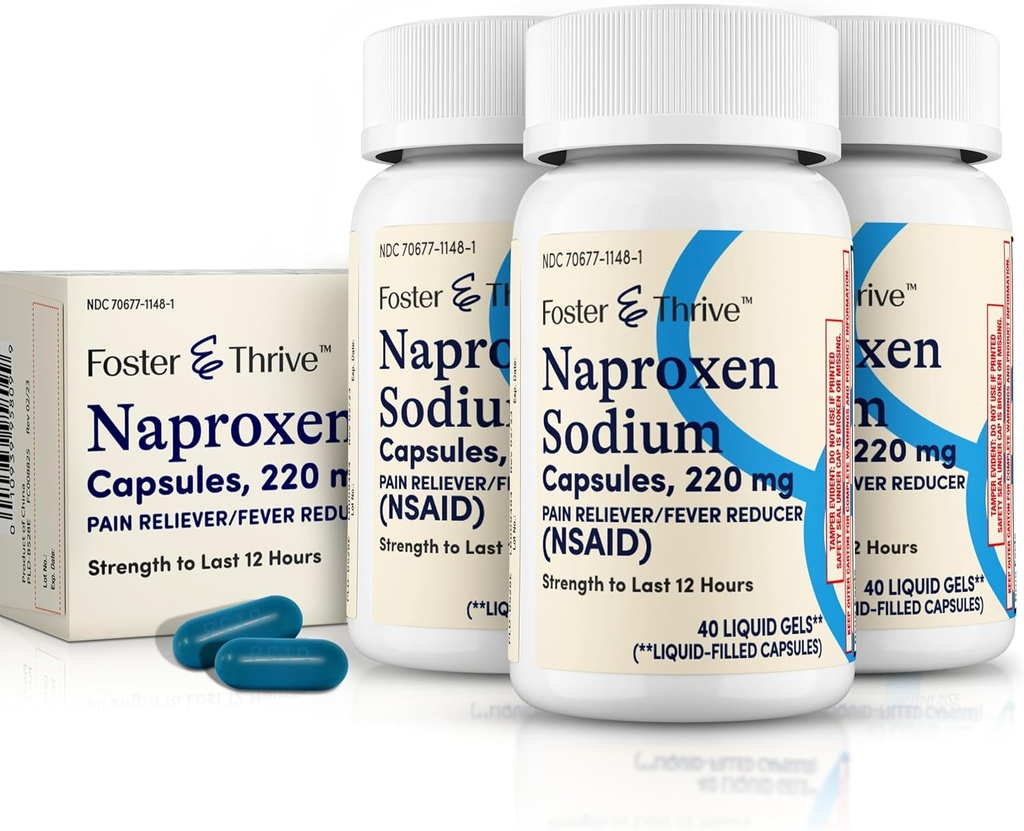 Foster & Thrive Liquid Gels med Naproxen Natrium220mg NSAID Pain Reliever Fever Reducer, 40 Gels, (pakke med 3)