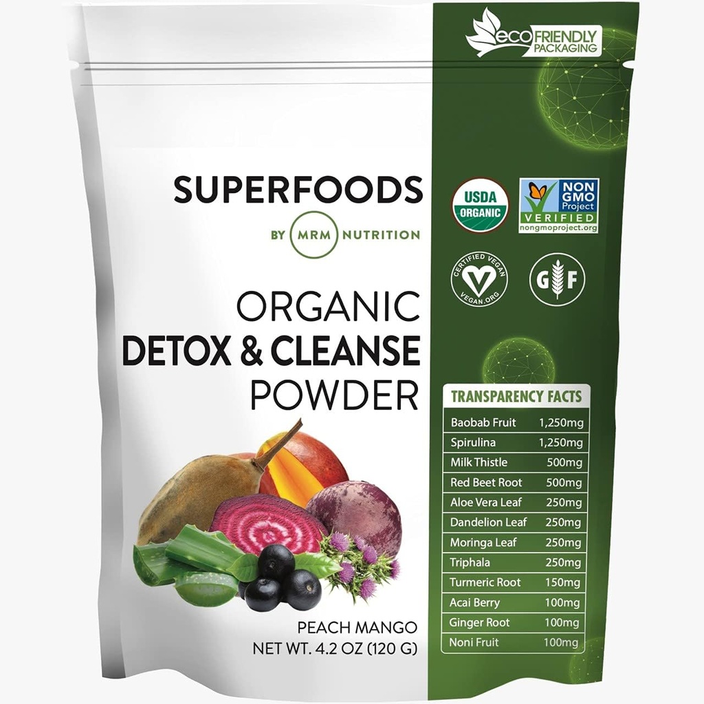 MRM Nutrition Organic Detox and Cleanse Powder Б124; Peach Mango Flavored Б124; Gentle Daily Detox Б124; Superfoods Б124; Antioxidants + Chlorophyll + Phycocylin + Elektrolytes Б124; 15 Servere