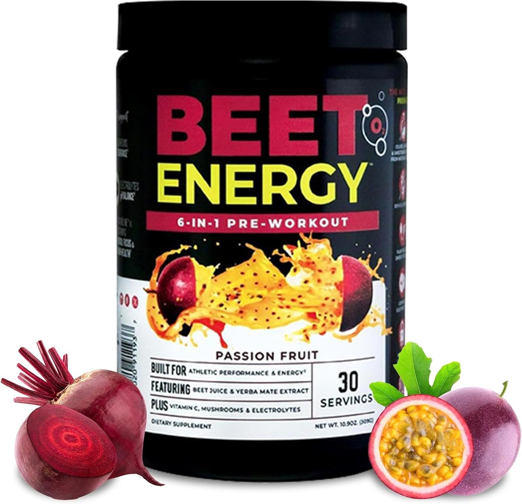 Nutrologi Beet Energy O2, Pre Workout Powder, Energy, Endurance & Nitric Oxide Booster med Beet Powder, Yerba Mate, Adaptogens & Electrolytes, Vegan Pre Workout, Passion Fruit Flavor, 30 Servering