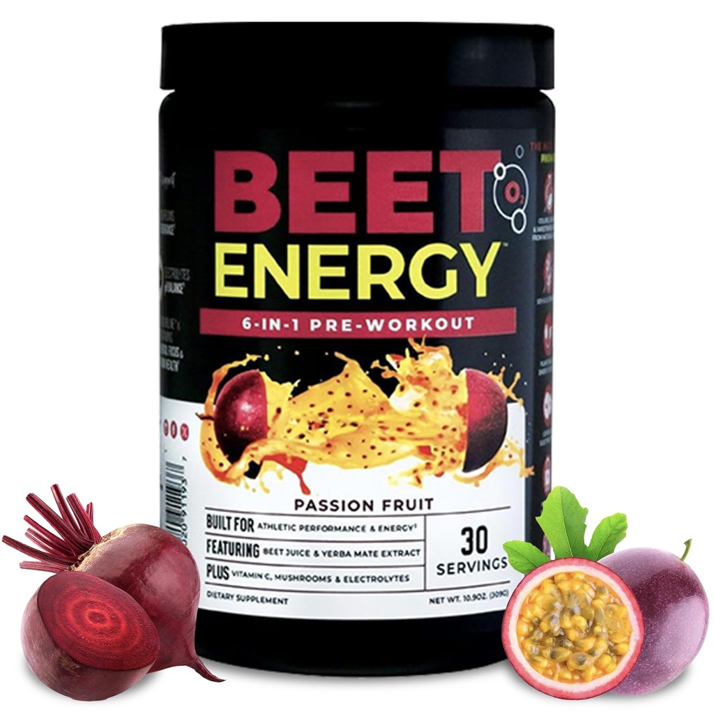 Nutrologi Beet Energy O2, Pre Workout Powder, Energy, Endurance & Nitric Oxide Booster med Beet Powder, Yerba Mate, Adaptogens & Electrolytes, Vegan Pre Workout, Passion Fruit Flavor, 30 Servering
