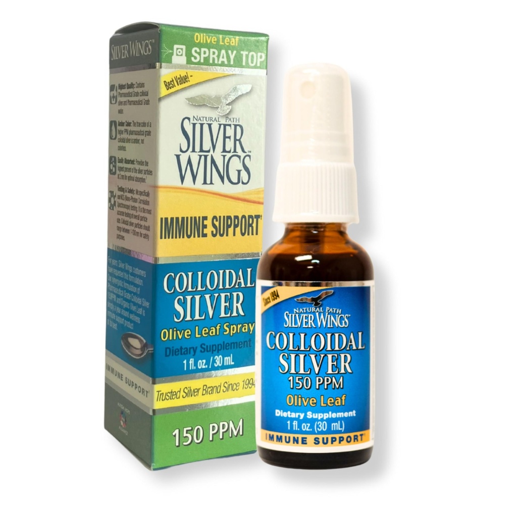 Natural Path Silver Wings Kolloid Sølv 150ppm (750mcg) w / Olive Leaf - immunforsvar supplement - 1oz Spray