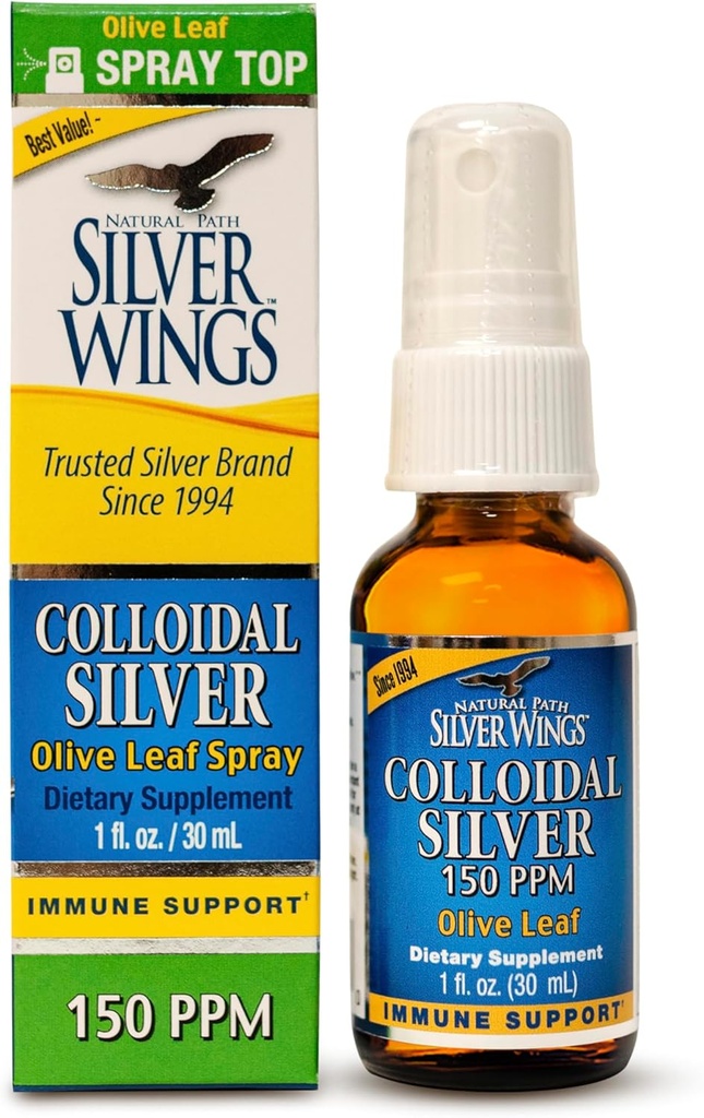 Natural Path Silver Wings Kolloid Sølv 150ppm (750mcg) w / Olive Leaf - immunforsvar supplement - 1oz Spray