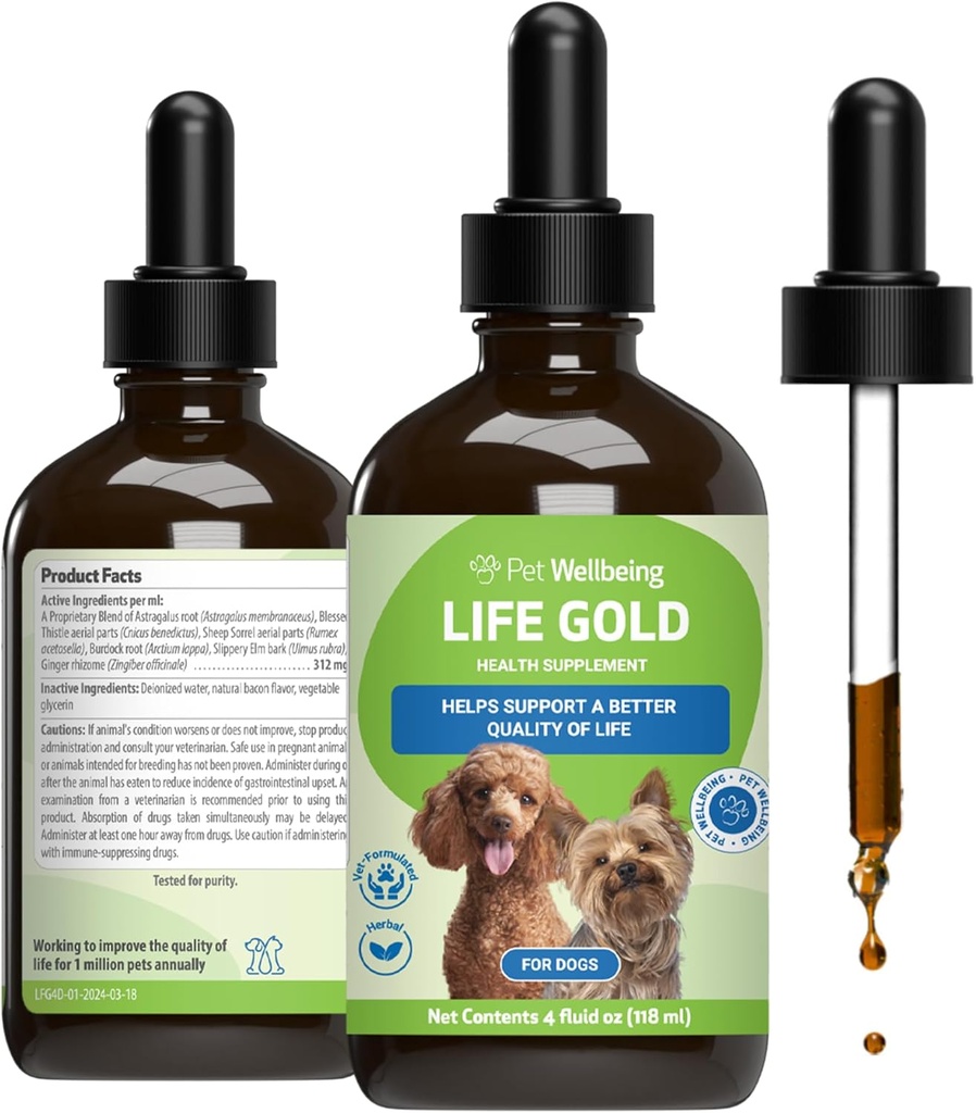 Pet Wellbeing Life Gold for Dogs - Understøtter afgiftning, immunsystem sundhed, antioxidanter - Vet- Formuleret herbal supplement - 4 oz (118 ml)