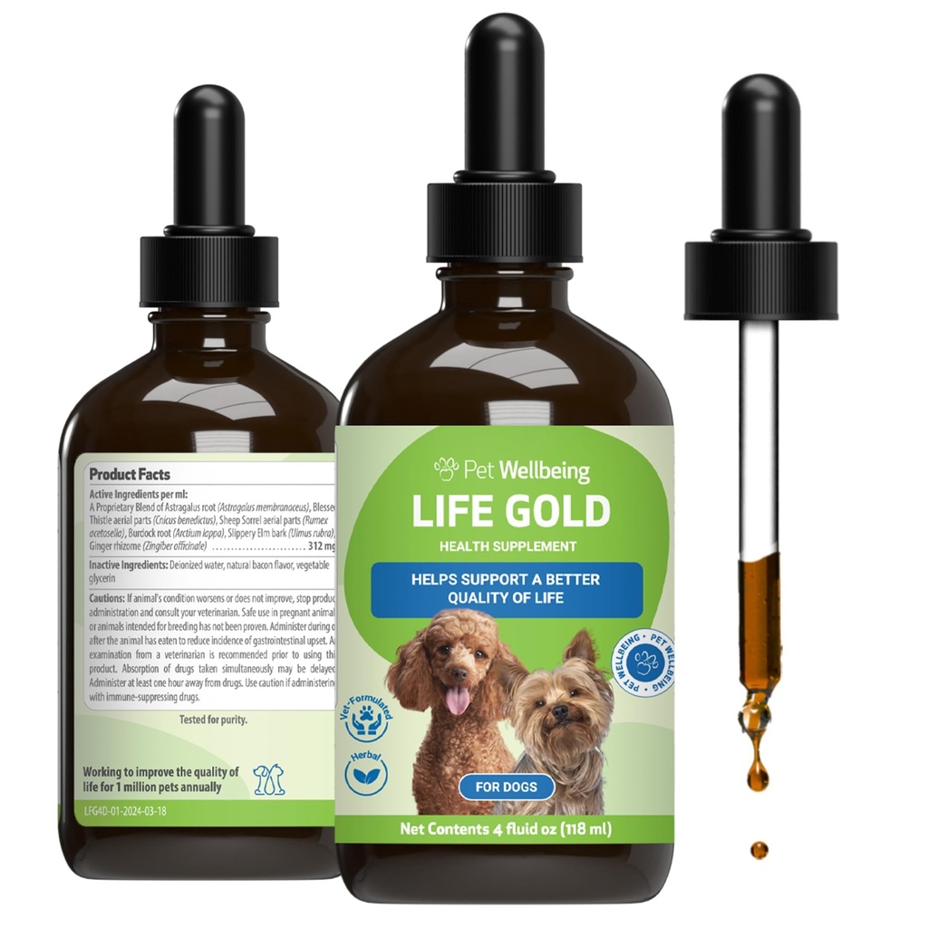 Pet Wellbeing Life Gold for Dogs - Understøtter afgiftning, immunsystem sundhed, antioxidanter - Vet- Formuleret herbal supplement - 4 oz (118 ml)