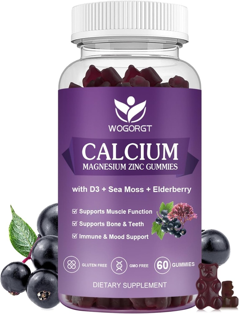 WOGORGT Calcium Magnesium Zink Gummier med D3-vitamin - Høj Absorption Complex Calcium tillæg med Sea Moss, Elderberry til Ben, Muskler, Immun, Mood & Sleep Support, Vegan - 60 Gummies