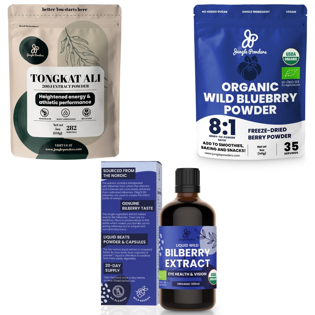 Jungle Powders Ultimate Men 's Health & Wellness Bundle: 5oz Tongkat Ali Powder, 5oz Wild Blueberry Powder & 3.4oz Organic Bilberry Liquid Extract - Premium Kosttilskud til drev, Passion, Øjensyn