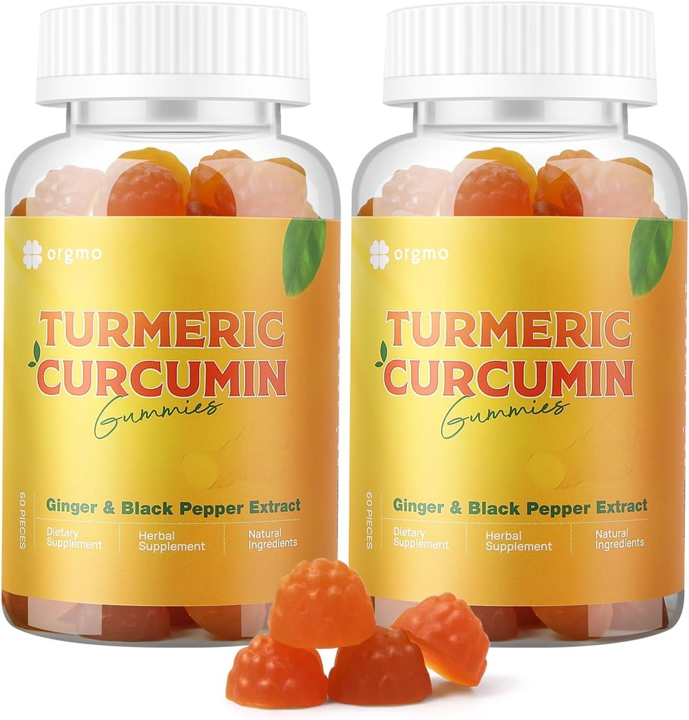 Gurkemeje Gummier med sort peber 2 Pack, gurkemeje og ingefær supplement til immuntilskud, sukker fri ingefær Gummier til inflammation Vegan