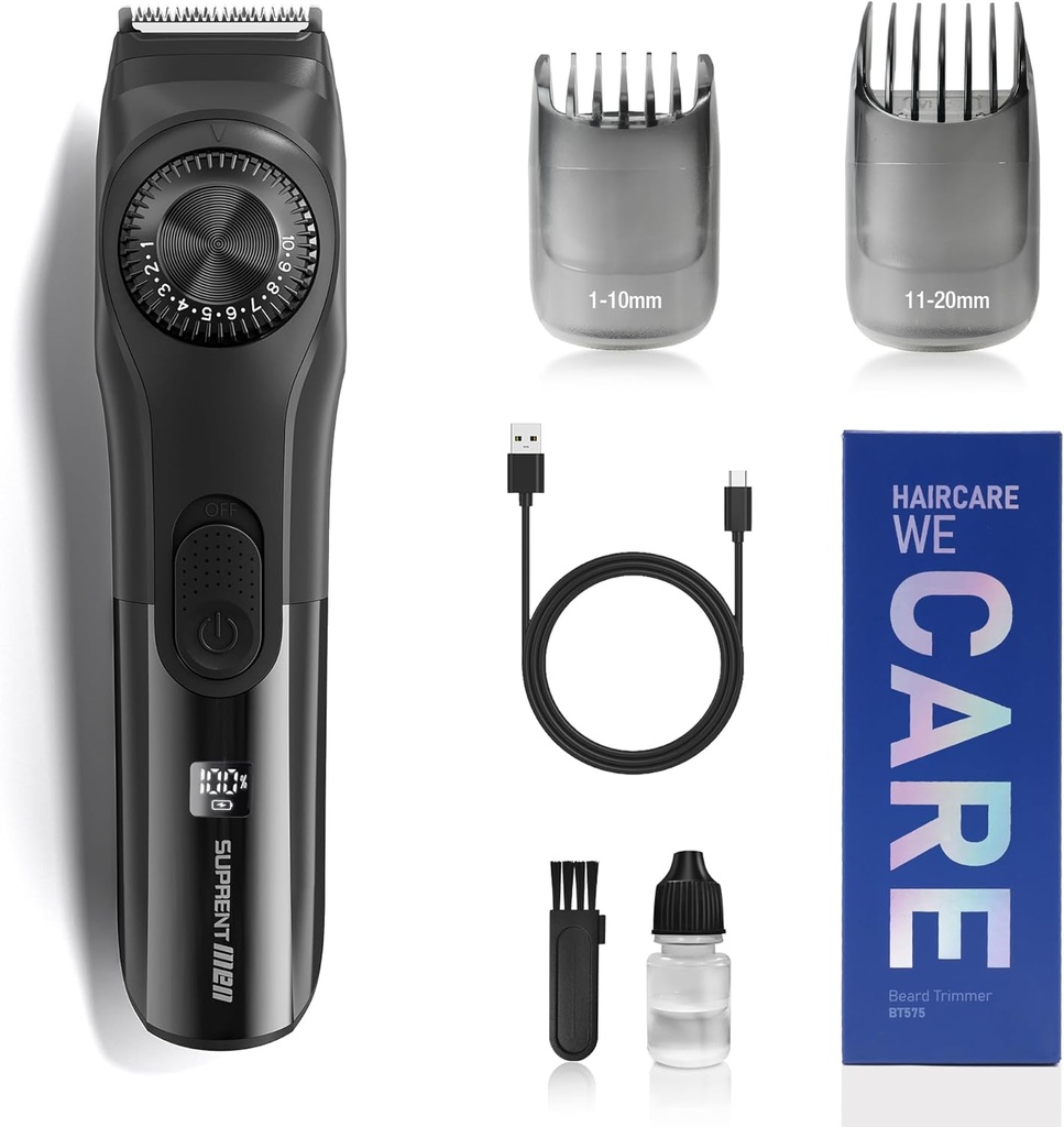 SUPRENT Justerbar Beard Trimmer til mænd, Cordless Electric Beard Trimmer med Præcision Dial, USB Genopladelig 19 Længde Opsætning Mustache Trimmer til Herre Gaver (sort)